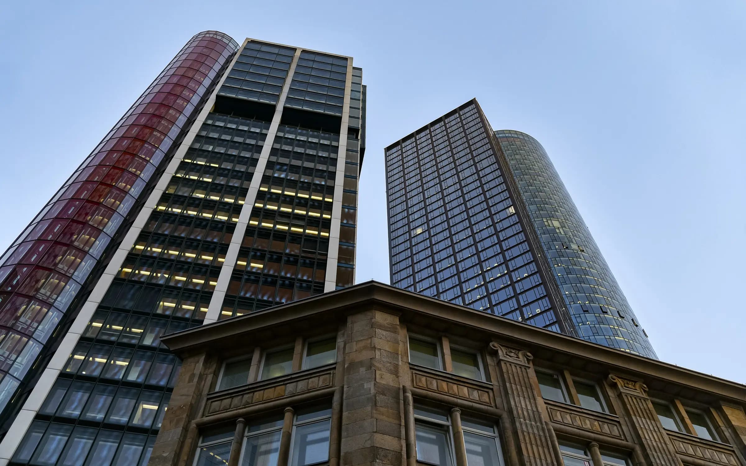 High-rise towers of the Frankfurt banking district at dusk