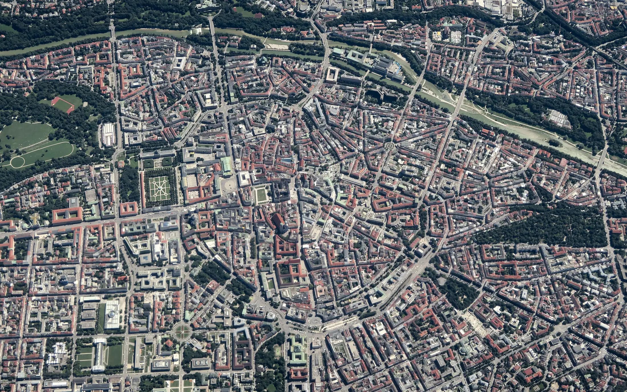 Aerial view of Munich's city center with Frauenkirche and Marienplatz